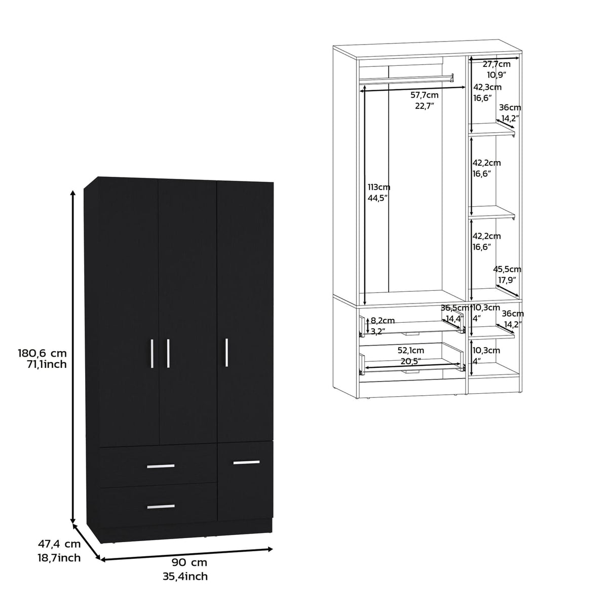 Black 71" Wardrobe with Hanging Rod & Shelves