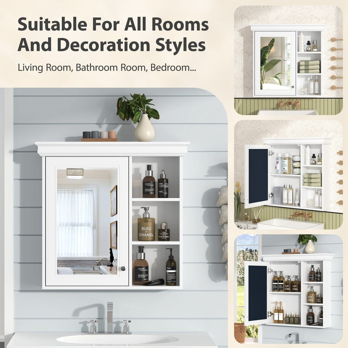 30'' White Wall Mounted Bathroom Cabinet with Mirror Storage