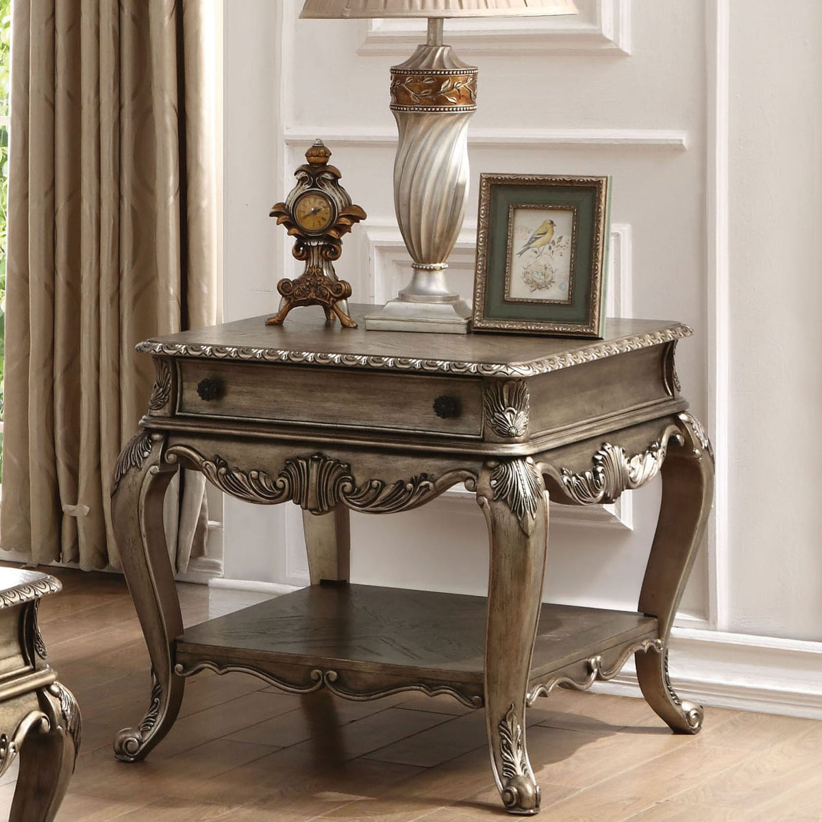 Brown Vintage Rectangular End Table with Drawers for Living Room