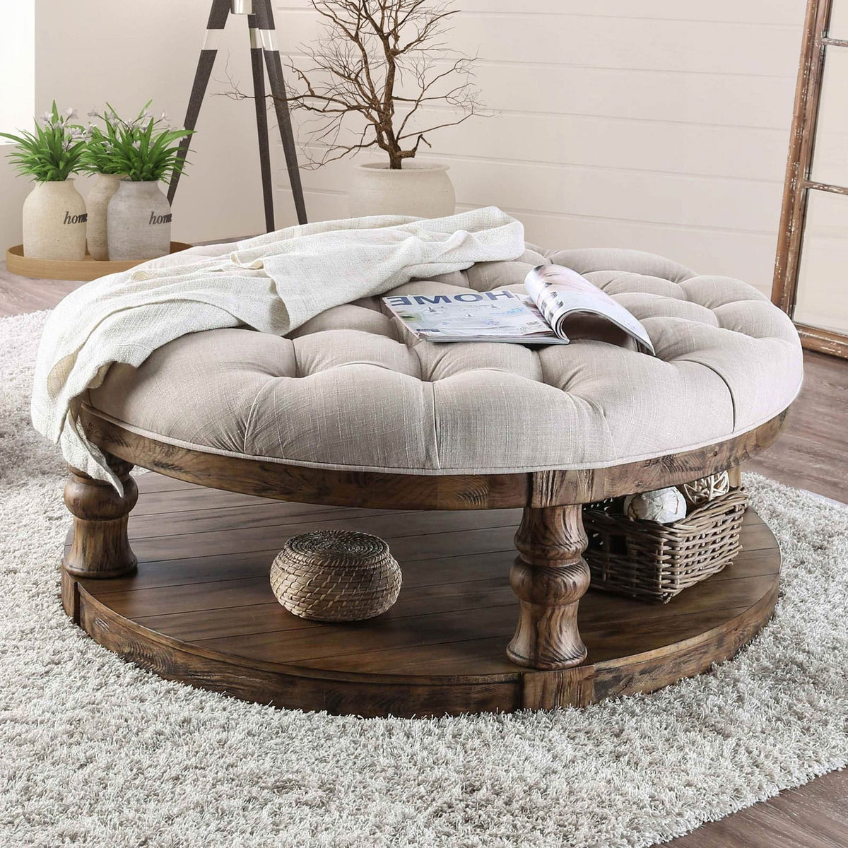 Antique Dark Oak Round Coffee Table - 48" Diameter