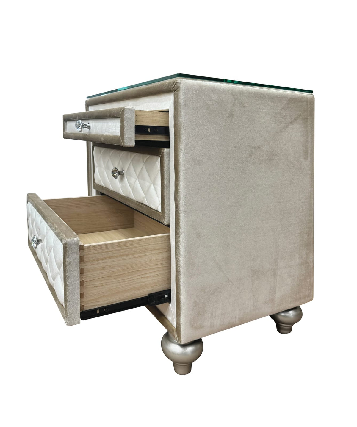 Beige Velvet Nightstand with 3 Drawers - 16" x 26" for Bedroom