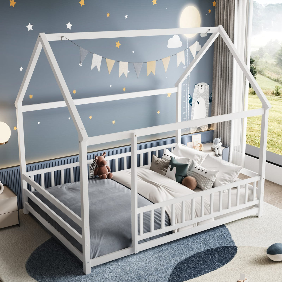 Full Size Wooden Bed Frame White with Roof House Design