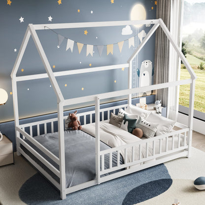 Full Size Wooden Bed Frame White with Roof House Design