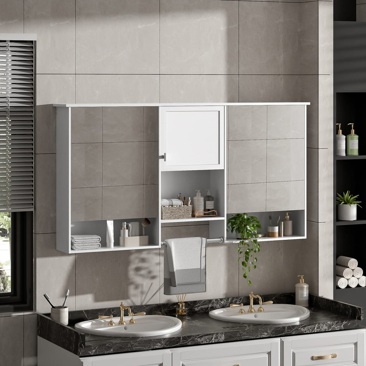 55 Inch Wall-Mounted Mirror Cabinet - White Bathroom Storage