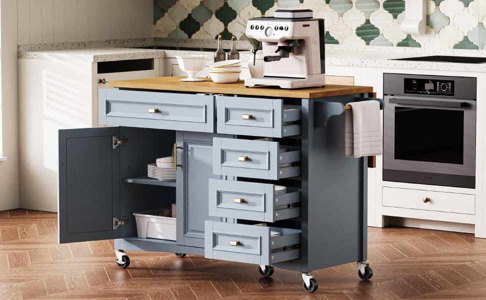 K&K 52" Kitchen Island - Drop Leaf, Blue Grey MDF