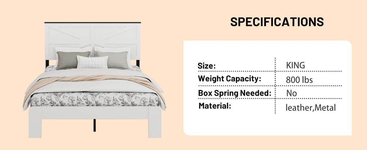 Queen Bed Frame Headboard - White Metal & Wood for Bedroom