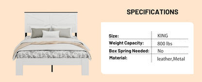Queen Bed Frame Headboard - White Metal & Wood for Bedroom