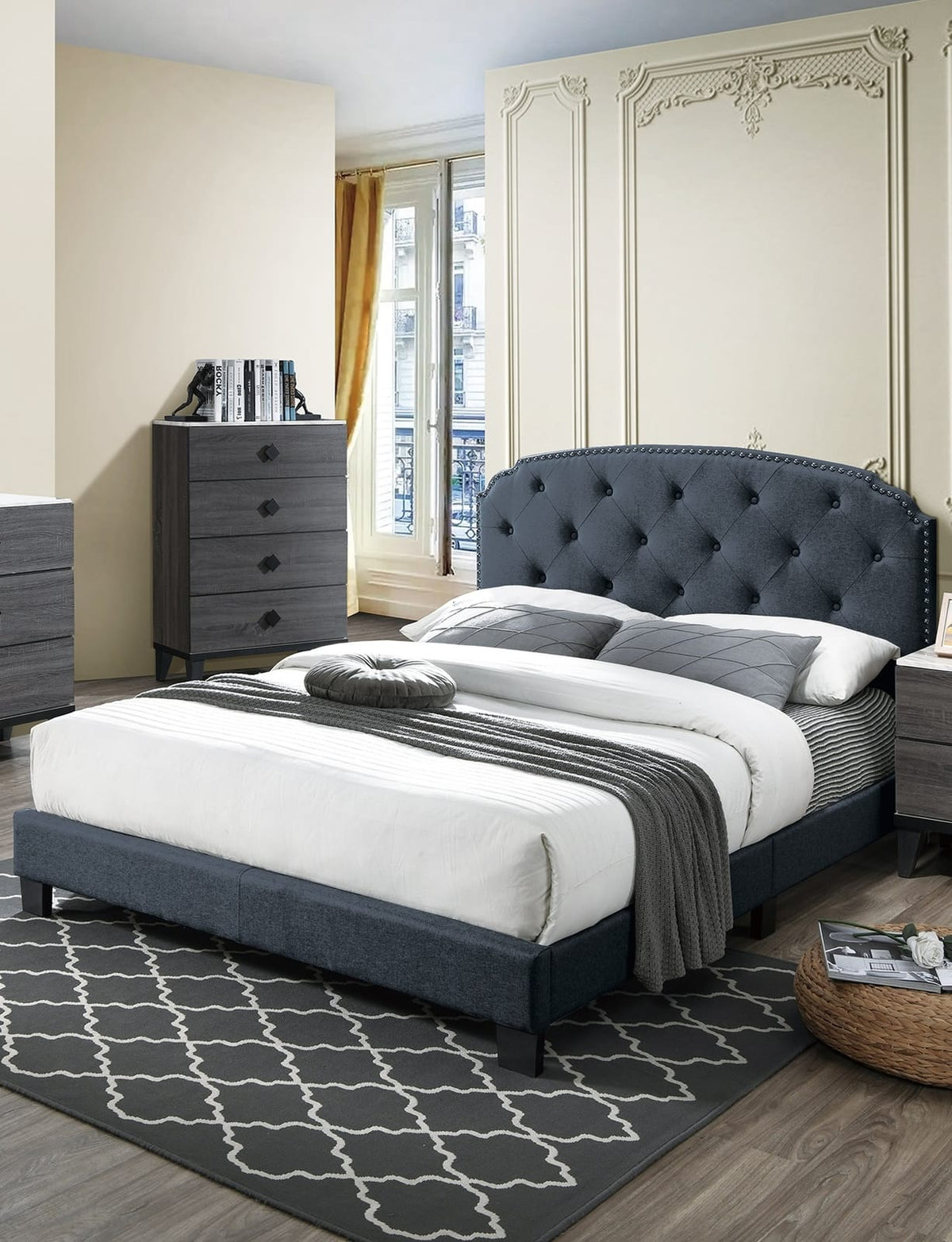 Charcoal Full Burlap Bed Frame with Button Tufted Headboard for Bedroom
