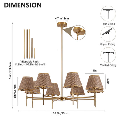 Gold Rattan Chandelier - 8 Lights Iron Frame, 38.6" Boho Pendant Light