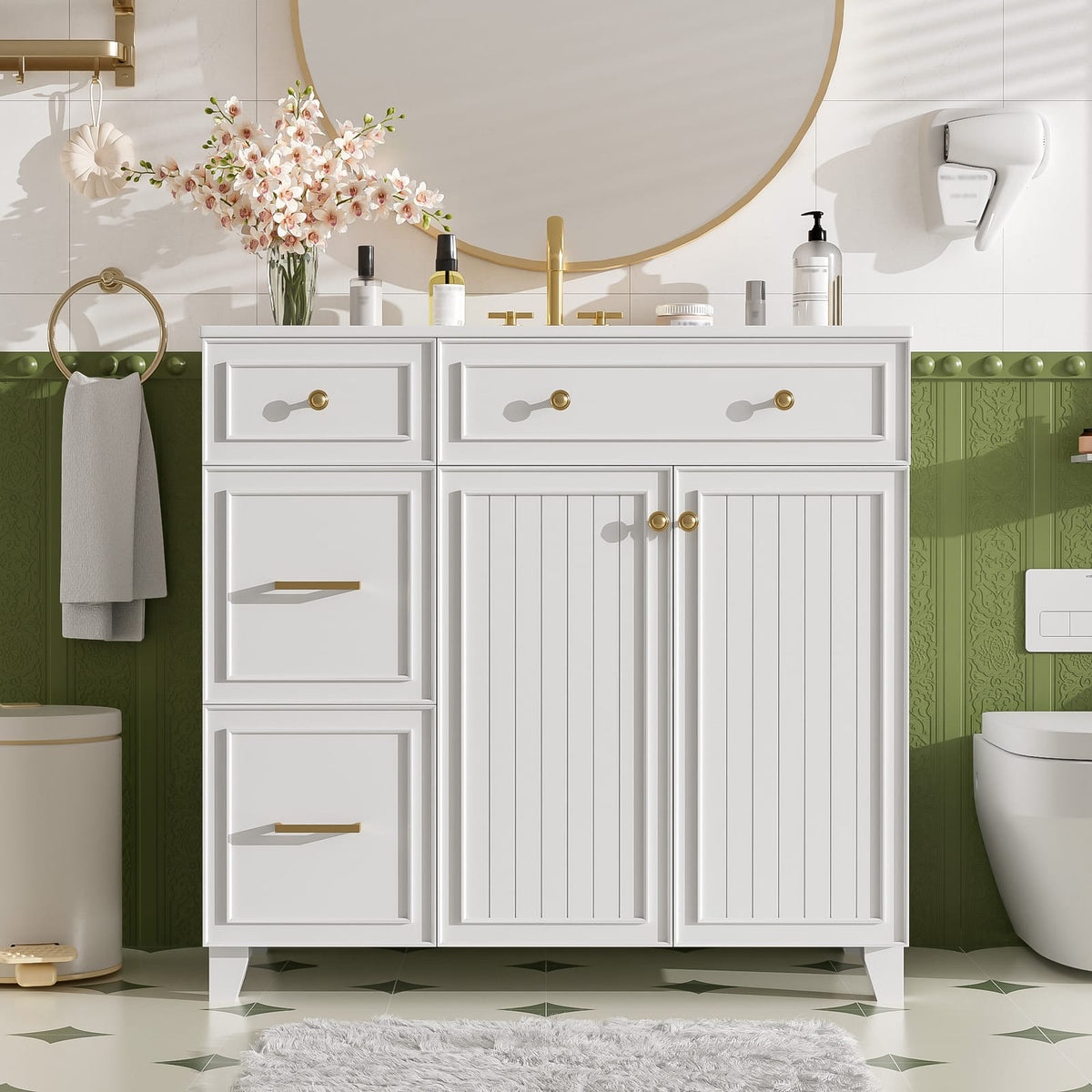 36 Inch White Bathroom Vanity with Ceramic Sink and Adjustable Storage