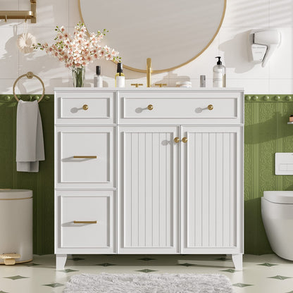 36 Inch White Bathroom Vanity with Ceramic Sink and Adjustable Storage