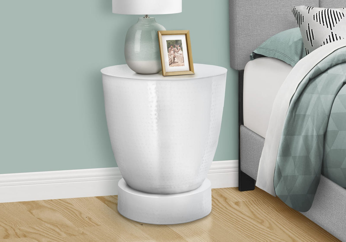 White Metal Drum Accent Table - Side, End, Nightstand for Living Room