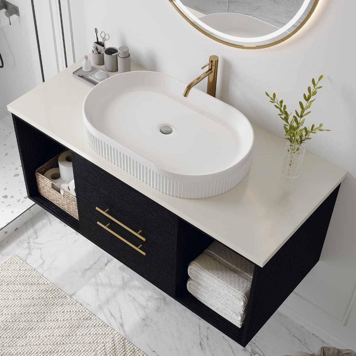 Modern Black Ceramic Bathroom Vanity - 39.4" Wall-Mounted Storage