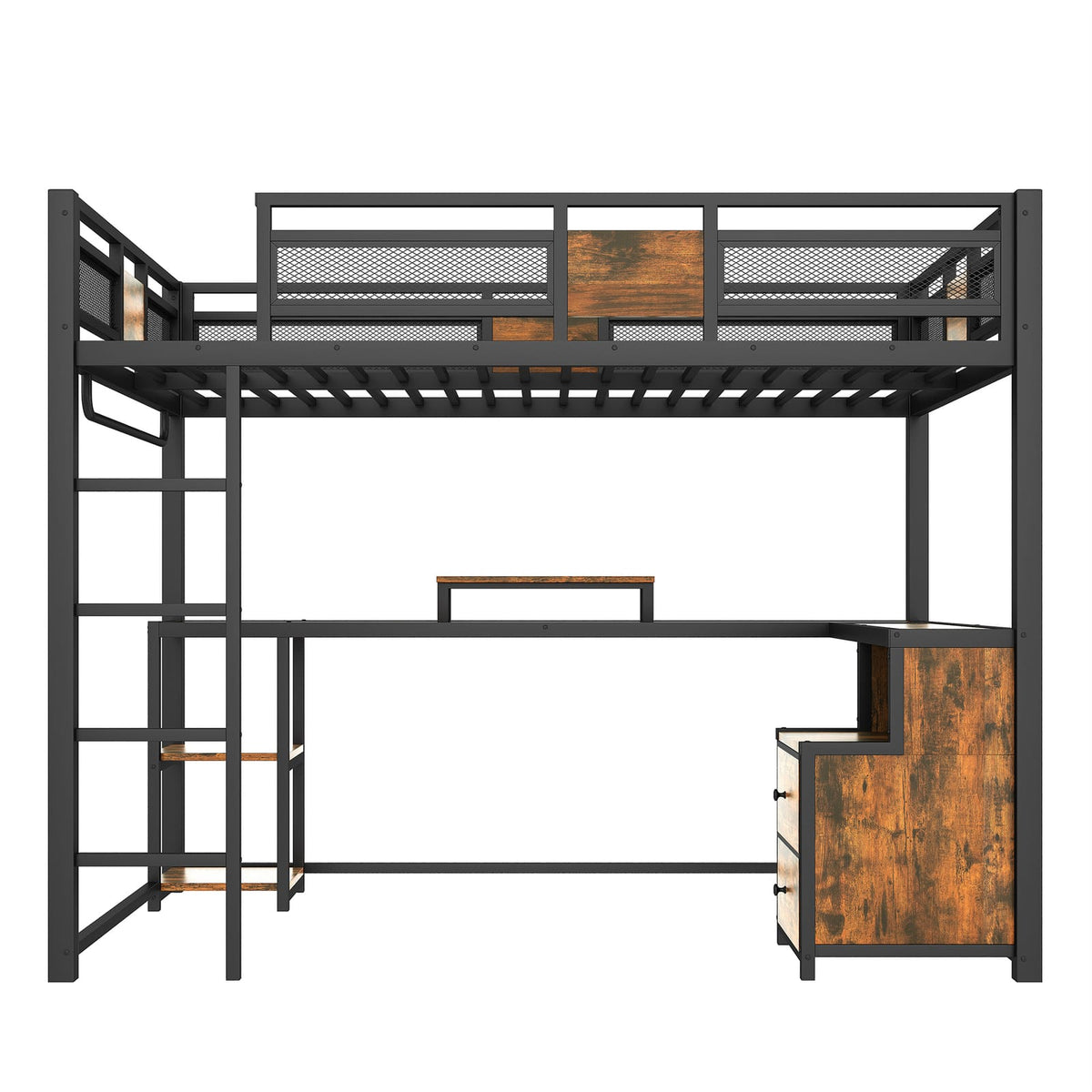 Black Full Loft Bed with Storage and Desk, Metal Frame for Bedroom
