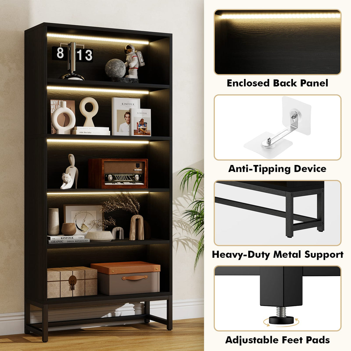Black Tall Bookcase with LED Lights - 5 Tier Storage Shelf