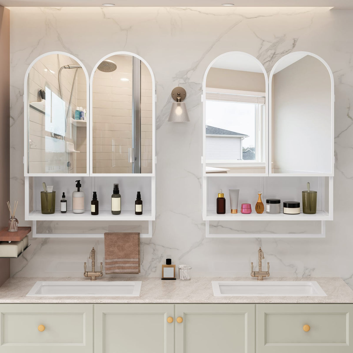 23.6" Modern Double-Arched Mirror Cabinet - White Bathroom Storage