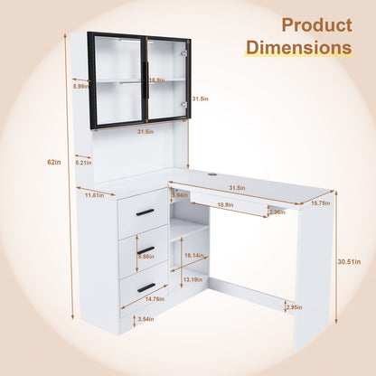 White L-Shaped Office Desk with Glass Cabinets & LED Lights for Home Office