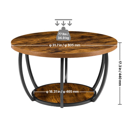 Modern Round Coffee Table - 2 Tier Wooden Center Table with Open Storage - Rustic Brown