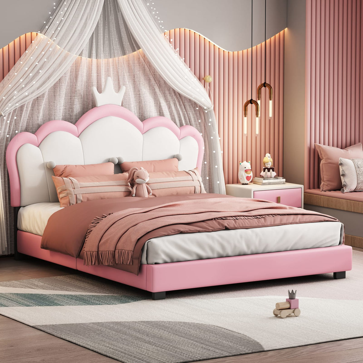 Full Pink Platform Bed with Crown Headboard - 80"L for Bedroom