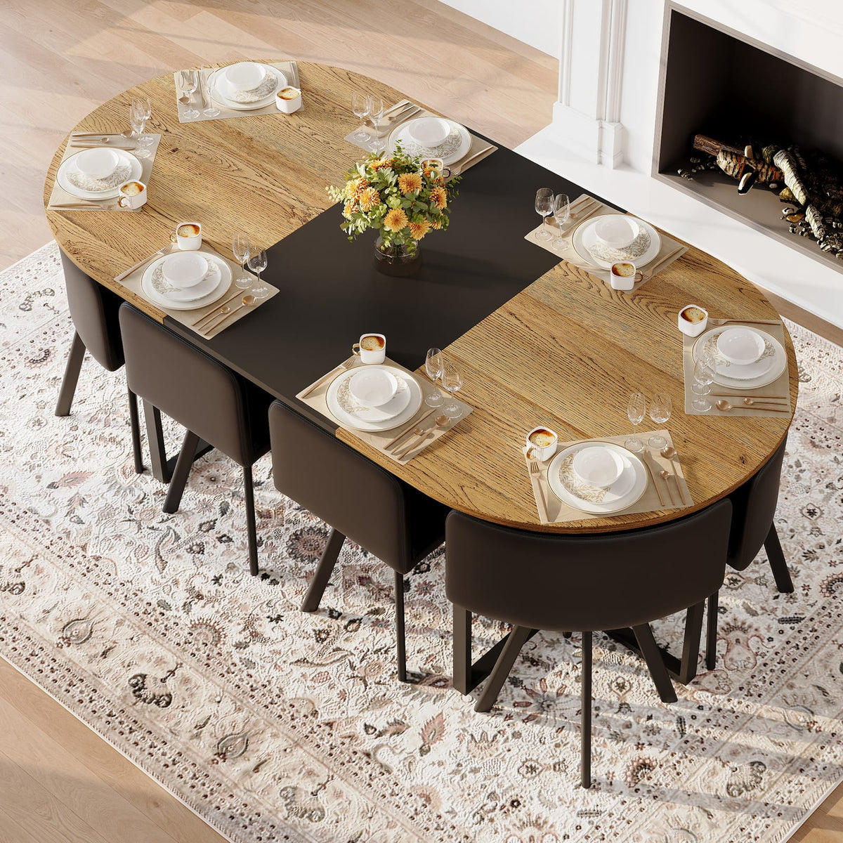 Dining Room 9-Piece Oval Dining Table Set - Seats 8, Black Wood Grain & PU Leather
