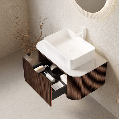 Modern Wall-Mounted Bathroom Vanity with Ceramic Basin and Walnut Finish