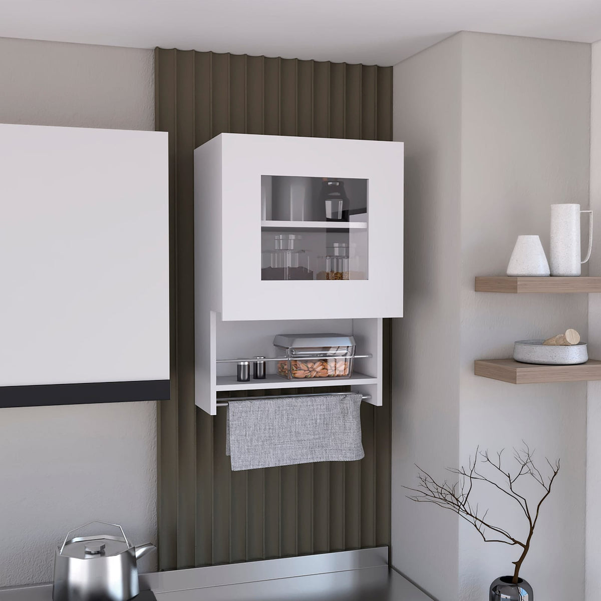 Kitchen Wall Cabinet 29" H - White with Towel Rack & Spice Shelf