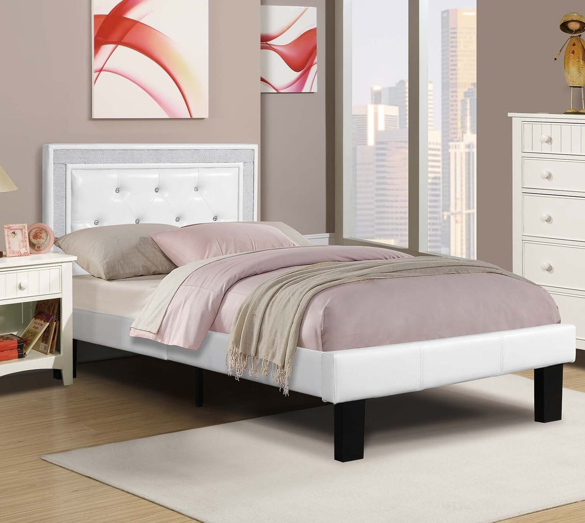 Twin Size White Faux Leather Bed Frame Glam Bedroom