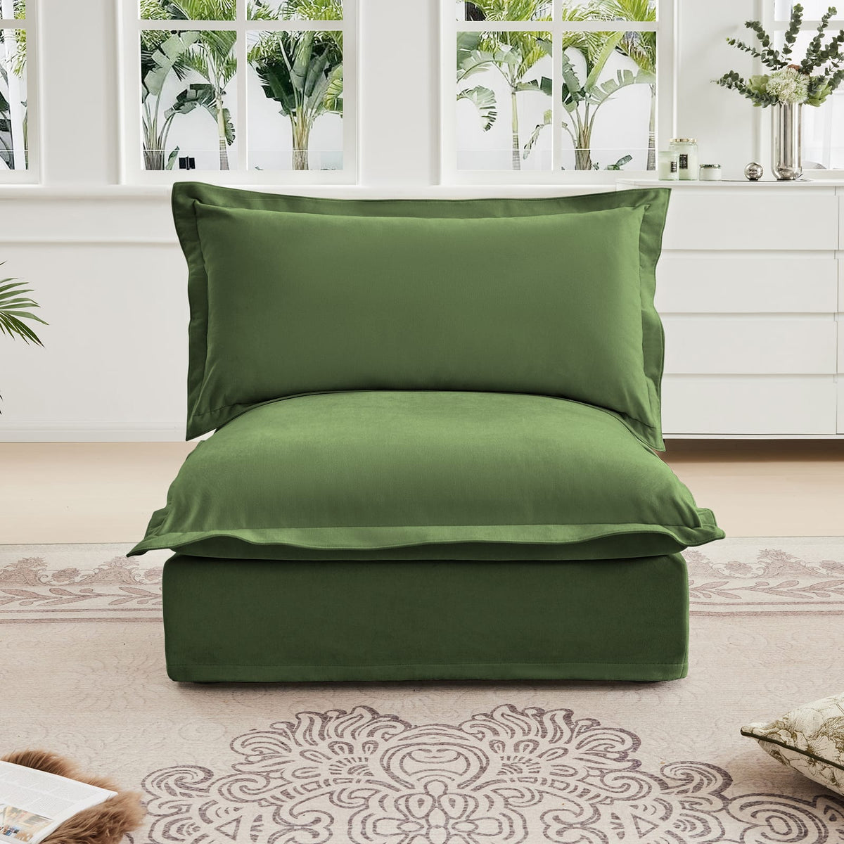Green Chenille Armless Sofa - 1 Seat for Living Room