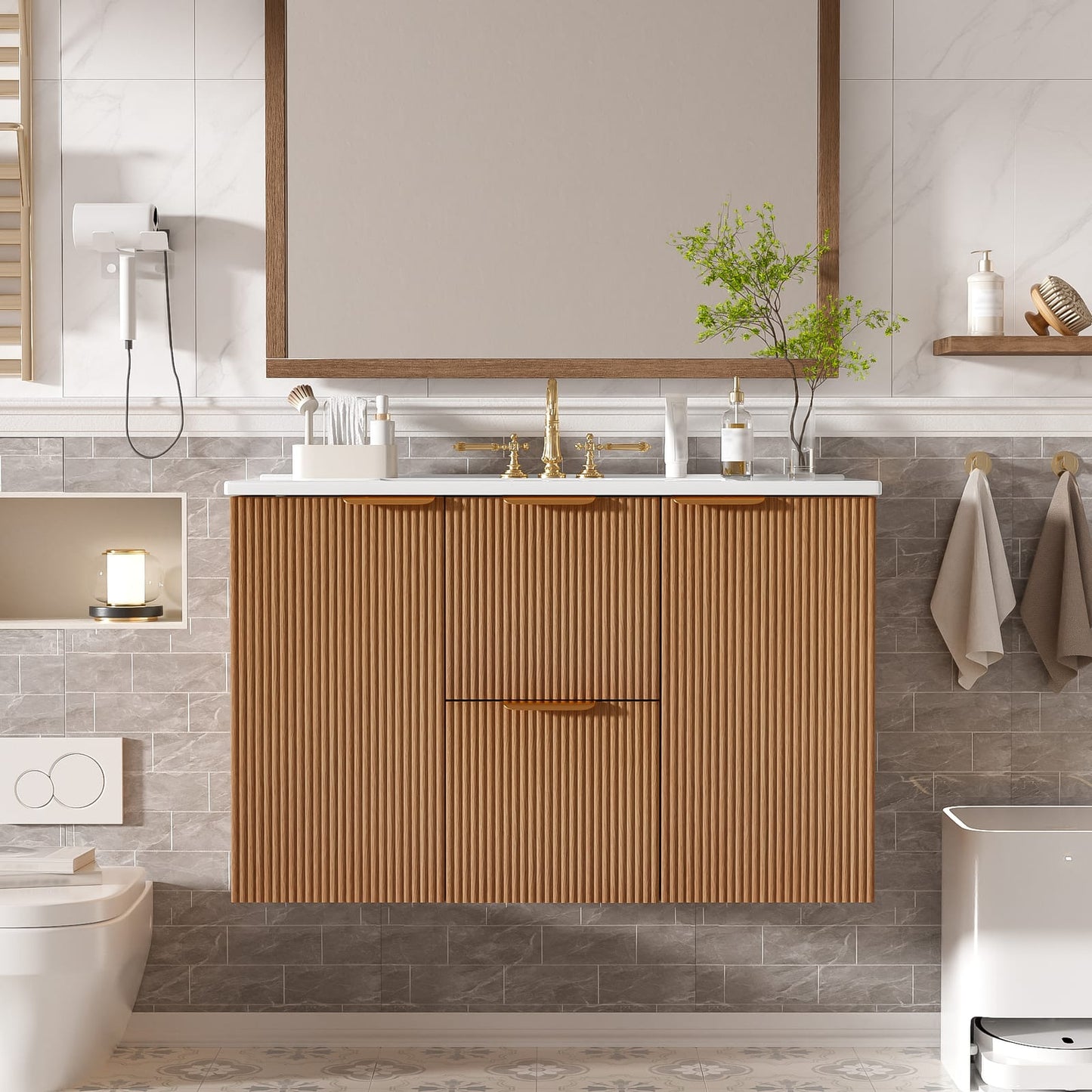 36" Wood MDF Bathroom Vanity - Wall Mounted Storage