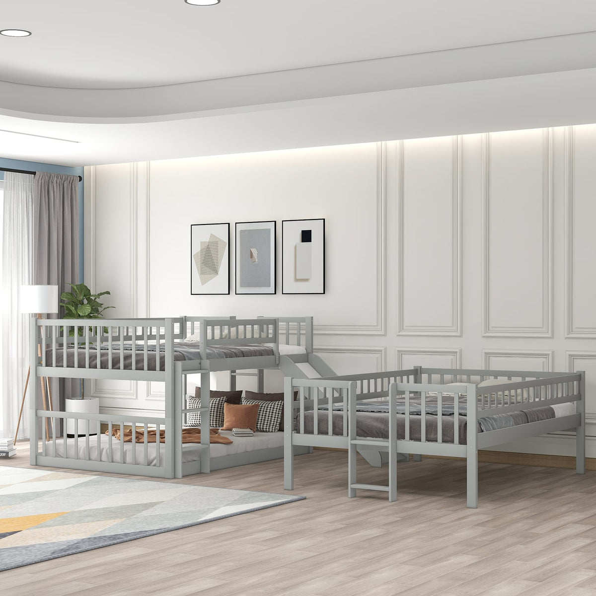 Full-Over-Full-Over-Full Triple Bed with Ladder & Slide, Gray for Bedroom