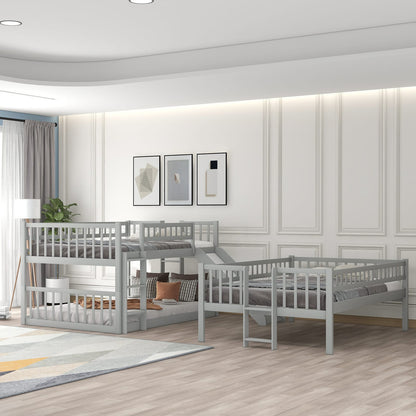 Full-Over-Full-Over-Full Triple Bed with Ladder & Slide, Gray for Bedroom