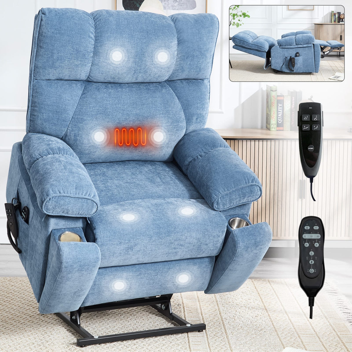 Blue Heat Massage Recliner - Power Lift, 350 Lbs Capacity