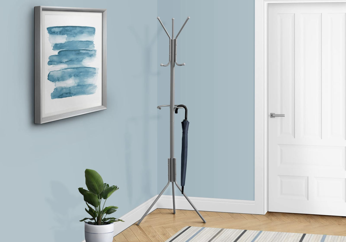 Silver Metal Hall Tree Coat Rack - 6 Hooks Free Standing Entryway Organizer