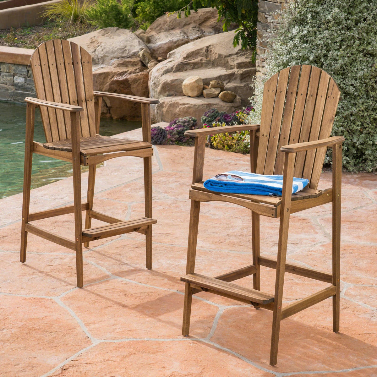 Acacia Wood Adirondack Barstools - Set of 2, Natural Stained Patio Seating