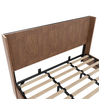 King Size Iron Bed Frame with Natural Wood Storage Platform for Bedroom