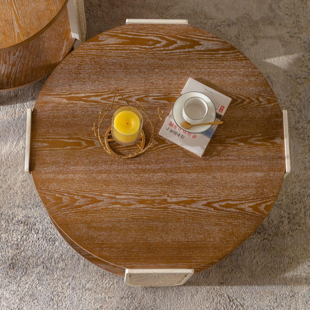 Round Wood Coffee Table with Storage - Natural Wood for Living Room