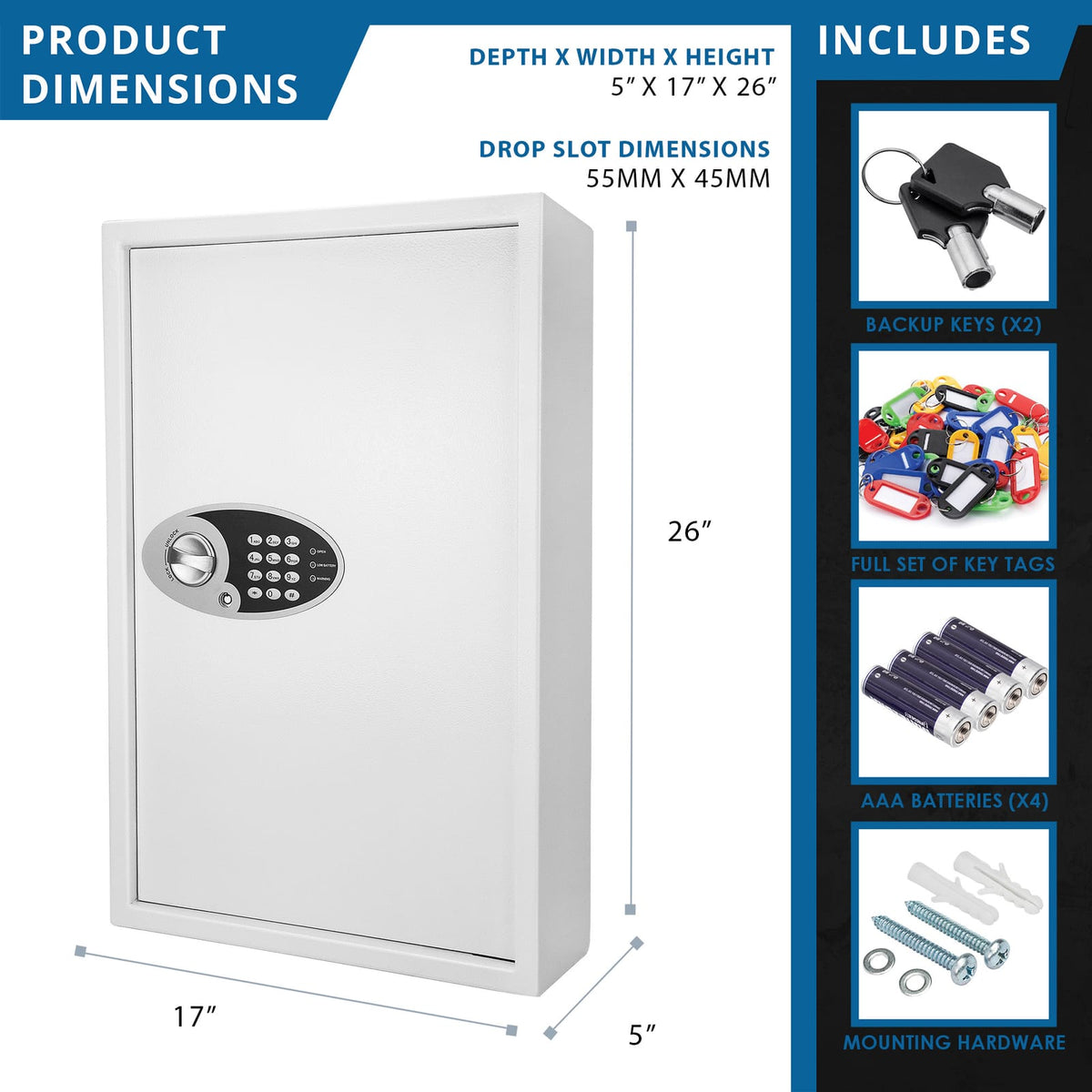 Digital Key Cabinet Wall Safe for 144 Keys in White Steel for Home Office