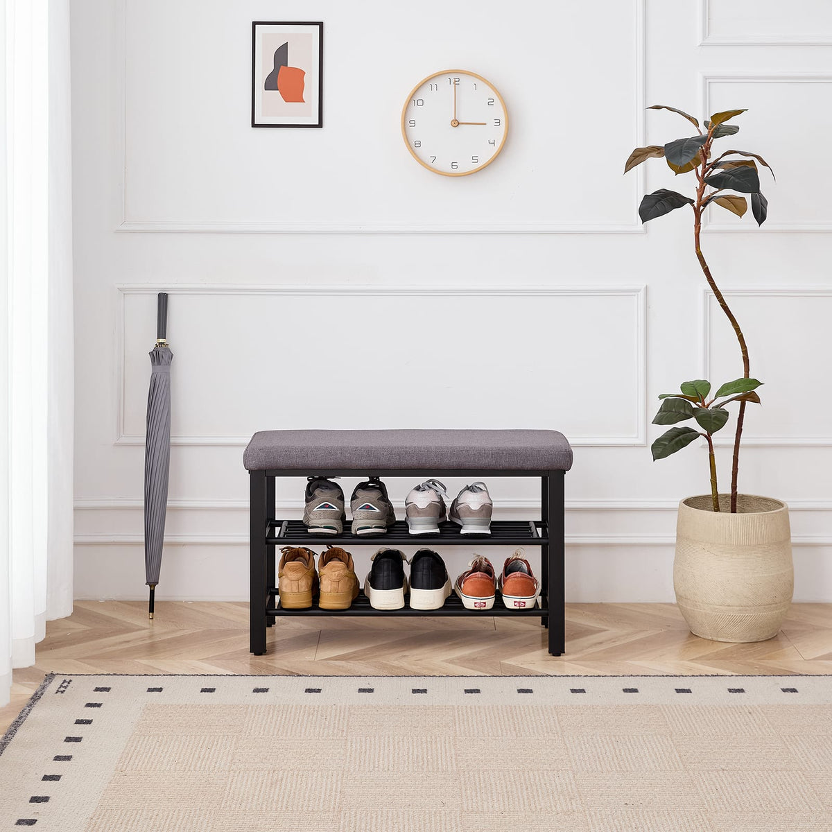 Grey Fabric Metal Shoe Storage Bench - Entryway Seat for Living Room