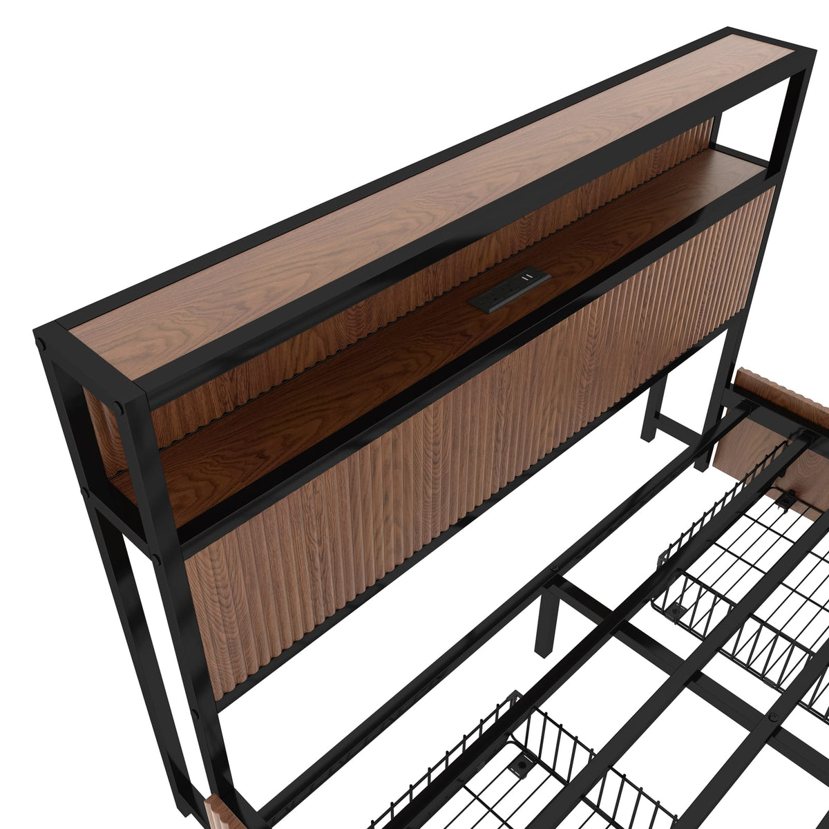 Queen Iron Bed Frame with Natural Wood Headboard & Storage for Bedroom
