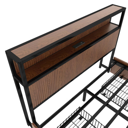 Queen Iron Bed Frame with Natural Wood Headboard & Storage for Bedroom