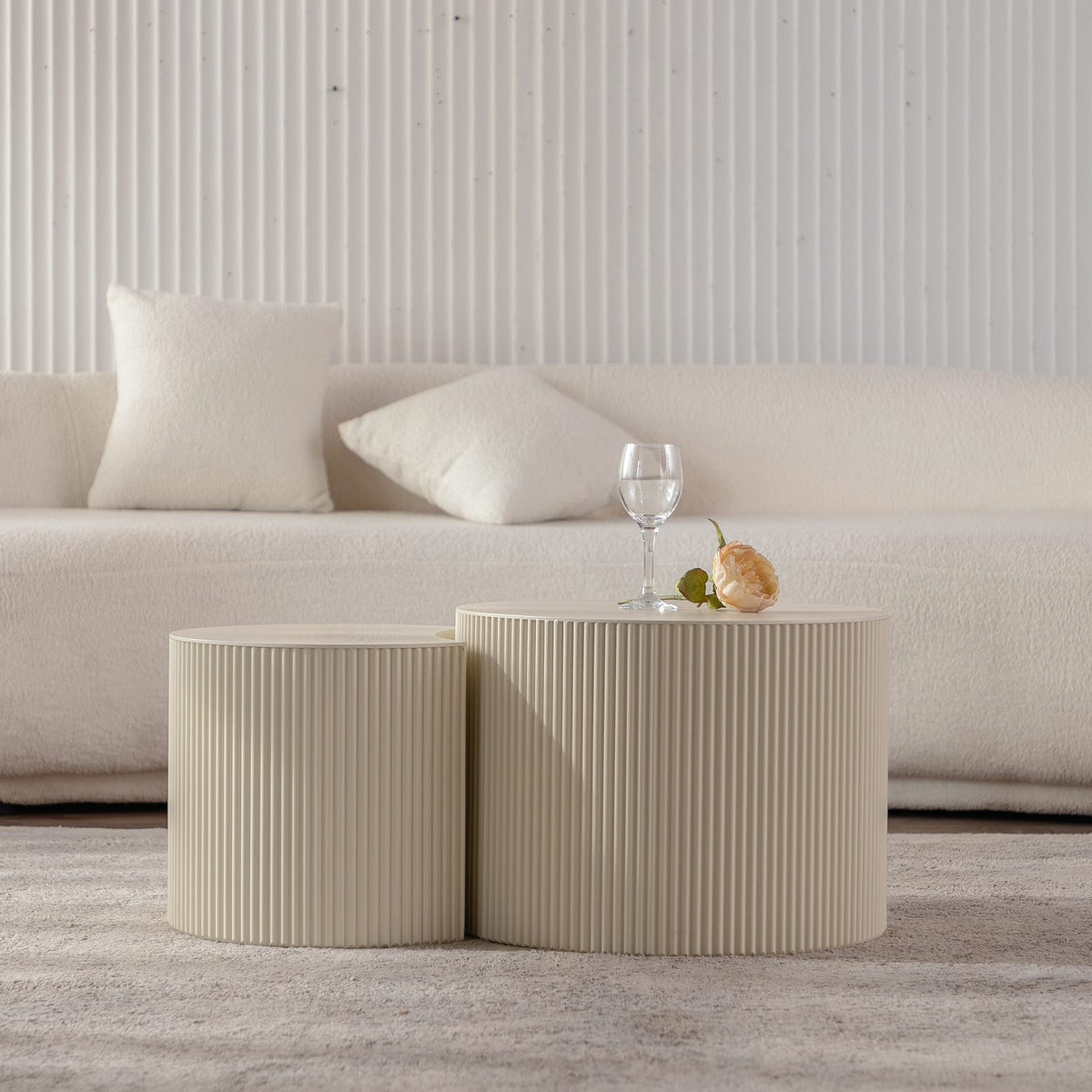 Round Modern Wood Coffee Table with Open Storage in Beige White for Living Room
