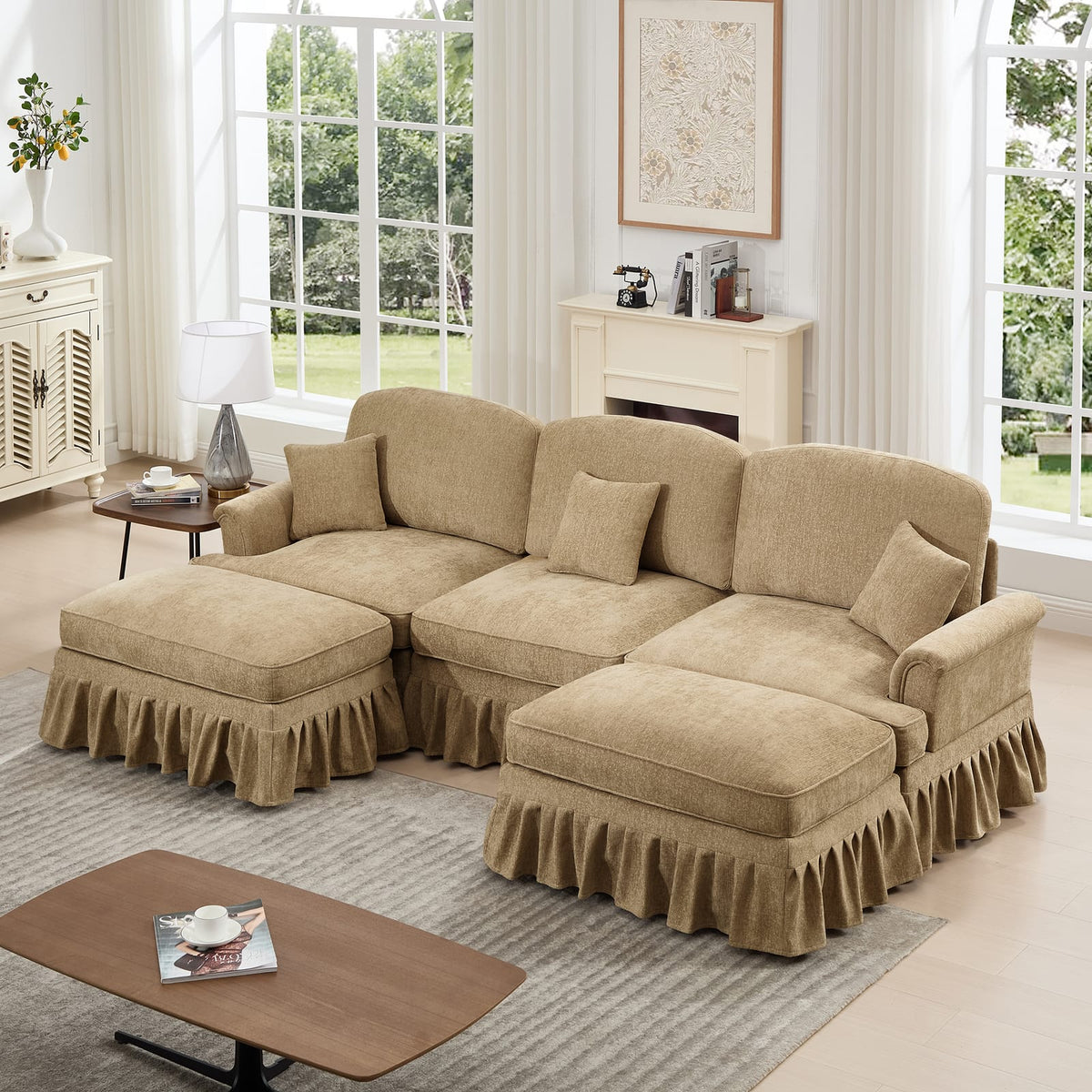 3 Seat Chenille Sectional Sofa - Light Coffee for Living Room