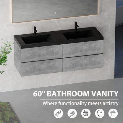 Grey Wood Wall Mounted Vanity with Sink - 60 inch Storage Cabinet for Bathroom