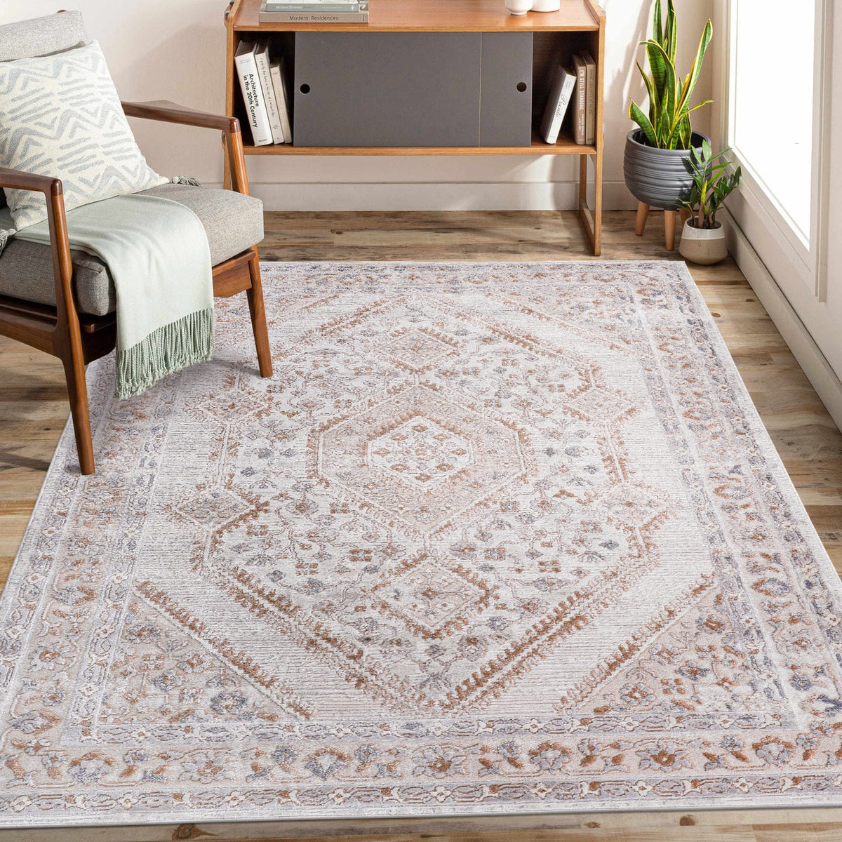 6x9 Ivory Bordered Area Rug - Stain Resistant Living Room Rug