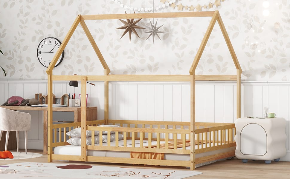 Full Size Rubber Wood House Floor Bed with Roof Frame, Natural for Bedroom