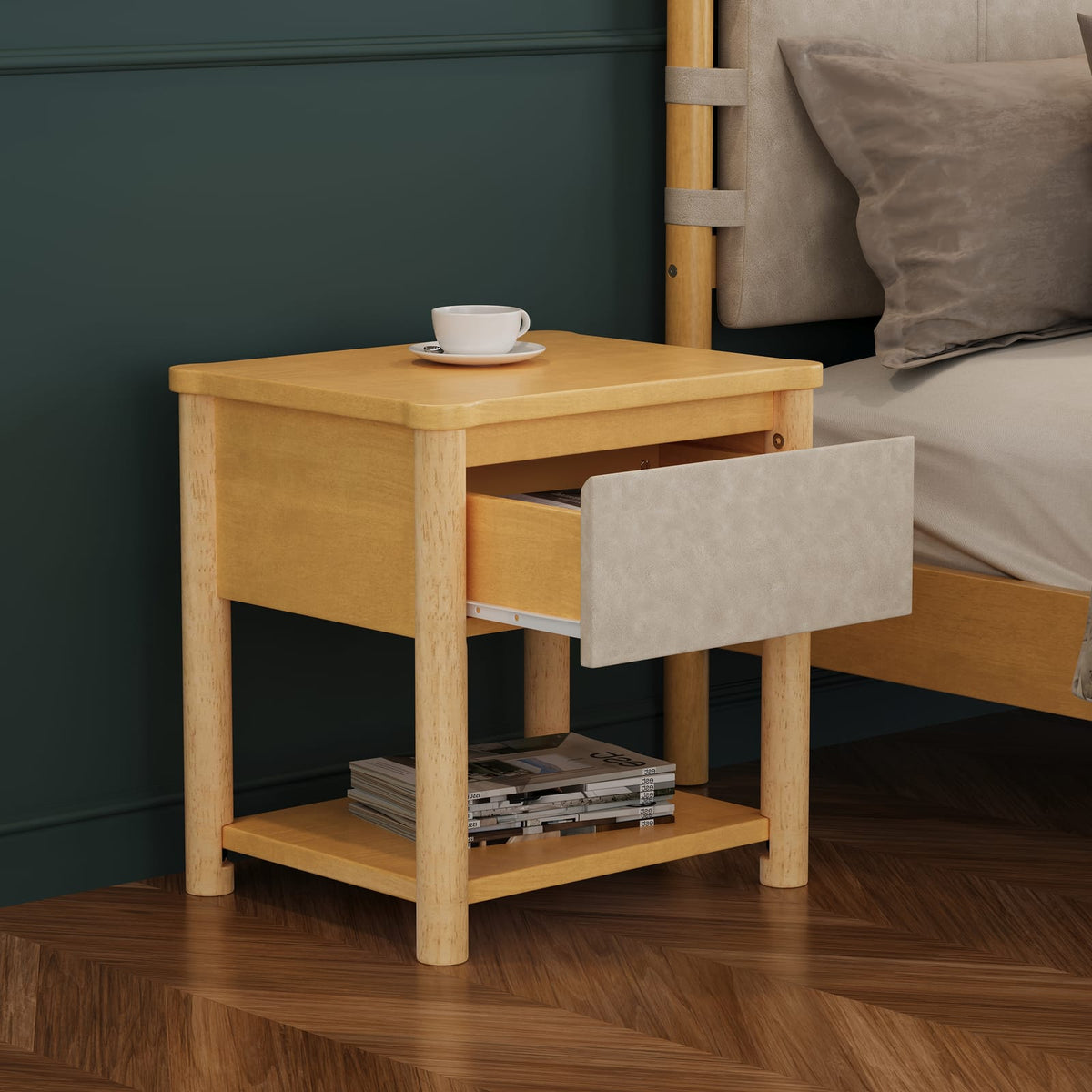 Natural Beige Nightstand Set - 2 Chairs Nightstand with Drawer for Bedroom