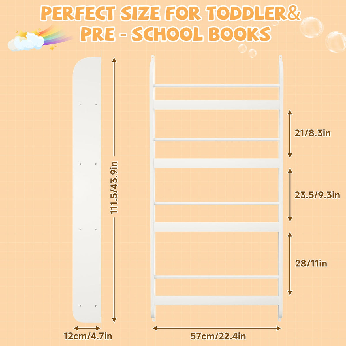 White MDF Kids Bookshelf Display for Nursery or Playroom Storage for Living Room