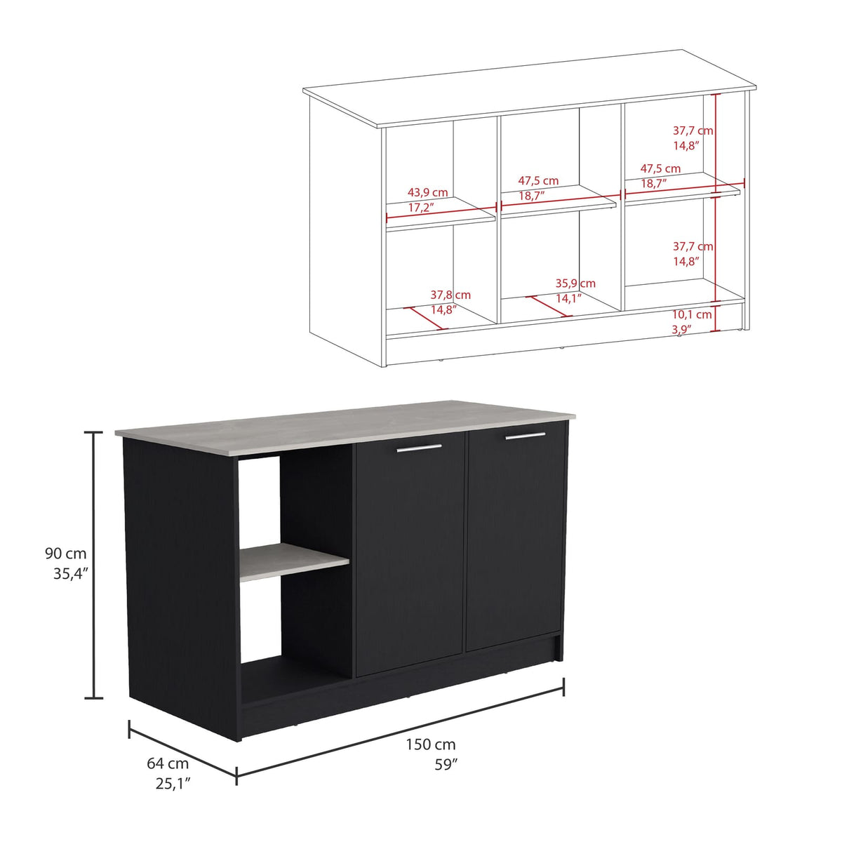 Modern Black Ivory Kitchen Island with Double Door Storage