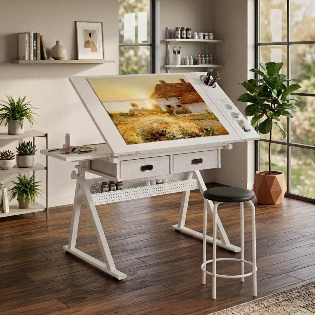 Adjustable Drafting Desk - White with 2 Drawers & Stool