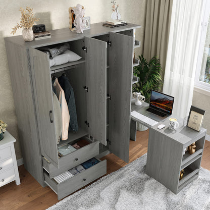 Gray Convertible Wardrobe with Foldable Desk - Bedroom Storage